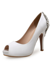 Sapatos de Casamento Branco Cetim Peep Toe Strass Sapatos de Salto Alto Sapatos de Noite Mulheres Sapatos de Festa