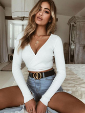 Sexy Crop Top Long Sleeve V Neck Strappy T Shirt For Women