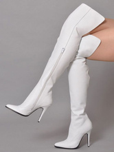 Cuissardes blanches femmes couleur unie bout pointu talon aiguille sur les bottes au genou