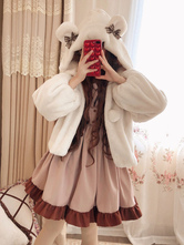 Sweet Lolita Overcoat Milk Coffee Bear Bow Abrigo de Lolita de piel sintética con capucha