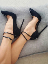 Black High Heels Suede Pointed Toe Rivets Stiletto Heel Ankle Strap Pumps Women Sexy Shoes