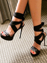 Sandalias de tacón alto Zapatillas con cordones con punta abierta en color negro Zapatillas de mujer Zapatos sexy