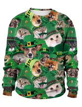 Green Sweatshirt St Patricks Day 3D Printed Dog Cat Clover Pullover Unisex Irish Long Sleeve Top Halloween