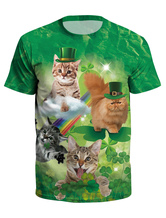 Dia de São Patrício T Shirt Verde 3D Impresso Trevo Do Gato Do Cão Unisex Irlandês Top de Manga Curta Halloween