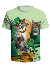 T Shirt Vert St Patrick Imprimé 3d Chien Chat Trèfle Haut Irlandais Unisexe À Manches Courtes Déguisements