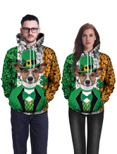 St Patricks Day Green Hoodie Top Clover Dog Printed Irish Unisex Hooded Pullover Sweatshirt Halloween