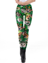 Pernas do Dia de São Patrício Verde 3D Impressão Trevo Cão Gato Mulheres Skinny Pants Bottoms Halloween