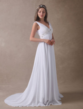 Vestidos De Casamento De Verão Branco Império Cintura V Neck Frisado Chiffon Praia Vestidos De Noiva