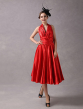 Vermelho frente única com decote em v elástico tecido cetim vestido de baile