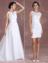 White Wedding Dresses Lace Applique Sleeveless Bridal Gown Detachable Train Satin Sash Bridal Dress Free Customization