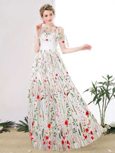 White Prom Dress 2024 Short Floral Print Party Dress Illusion Embroidered Short Sleeve A Line Floor Length Occasion Dress Free Customization