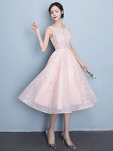 Lace Prom Dress A Line Tea Length Cocktail Dress Soft Pink Jewel Sleeveless Homecoming Dress With Sash