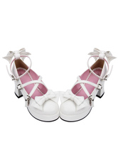 Sapatos de Lolita doce branco arco transversal frontal tornozelo cinta Chunky calcanhar bombas de Lolita