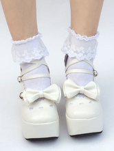 Lolita sapatos para street wear 3.5" com laço dedo do pé quadrado PU de PU brancos 