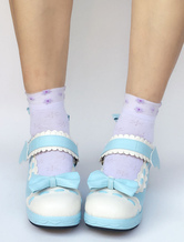 Lolita sapatos para street wear 2.4" com laço dedo do pé redondo PU de PU celestes 