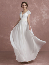 Summer Wedding Dresses 2024 Beach Lace gasa cuello en V vestido nupcial manga corta acanalada cintura una línea de longitud de piso vestido de novia
