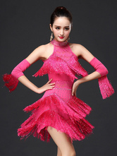 Dance Costumes Latin Dancer Dresses Women's Rose Red Fringe Armwear Dancing Clothes Carnival