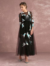 Black Prom Dresses 2020 Long Floral Print Cocktail Dress Tulle Illusion