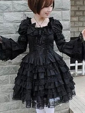 Vestido Lolita de Mangas Festa de Chá com mangas curtas de algodão gótico cor sólida conjunto preto 