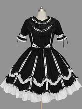  Lolita Kleid mit Rundkragen und kurzen Ärmeln im süßen und hübschen Style und Rüschen in Schwarz