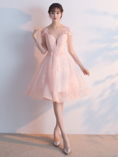 Soft Pink Homecoming Dresses 2024 Short Lace Illusion Long Sleeve Knee Length Party Dress