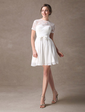 Draped Jewel Neck A-line Lace Sweet Bow Short Ivory Dress Milanoo