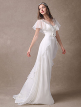 Vestido de noiva marfim império decote V frisado com cauda e detalhes em flores e aplique Milanoo