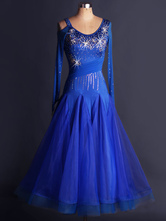 Disfraz Carnaval Traje de baile de salón de azul francia Bailarín de salón de cristal de organza para baile estilo femenino Halloween