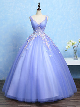 Violette Quinceanera robes V Col boule robe Illusion taille désossées fleurs sans manches perles étage longueur princesse