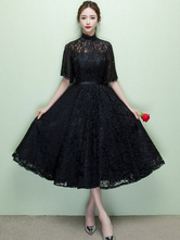 Robe de Cocktail noire dentelle col court Prom robe Illusion que moitié manchon une ligne Party Dress