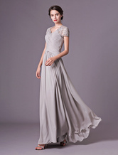 Vestidos de noite de prata do laço de manga curta vestidos de chiffon plissado até o chão mãe do vestido de noiva