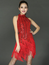 Vestido de lantejoulas vermelhas dança latina traje feminino com luvas