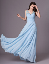 Robe demoiselle honneur bleue ciel clair avec applique col V longueur plancher 