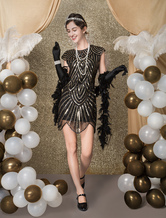 Disfraz Carnaval Zigzag con lentejuelas negra aleta vestido traje de la década de 1920 traje Vintage de mujer corte corto Bodycon Vestido Halloween