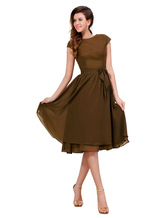 Chiffon Cocktail Dress Brown Bow Sash Party Dress Round Neck Short Sleeve Knee Length A Line Occasion Dress wedding guest dress