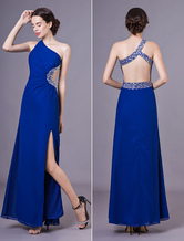 Blue Prom Dress 2024 Long Sheath Rhinestone Beaded Occasion Dress Chiffon Backless Slit Floor Length Party Dress