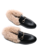 black faux fur loafer slides