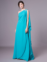Chiffon Evening Dress One Shoulder Long Prom Dress Aqua Cascade Ruffle Floor Length Formal Dress 