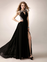 A-Line Черный разделение шифон Prom платье блесток с Jewel шеи 
