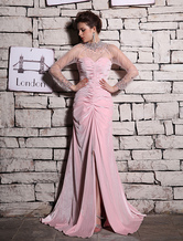 Pink High Collar Floor-Length Velvet Evening Dress Milanoo