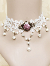 Classic Lolita Necklace Floral Pearl Bead Lace White Lolita Choker