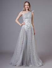 Silver One-Shoulder Pleated A-line Lace Prom Dress Milanoo