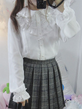 Lolita Clássico Camisa Renda Ruffle Pérola Chiffon Branco Lolita Blusa