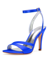Blue Strappy Satin Wedding Sandals Ankle Strap High Heel Bridal Shoes
