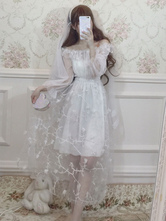 Robe Sweet Lolita OP Robe en une pièce Lolita blanche à fleurs en tulle et fleurs Déguisements Halloween