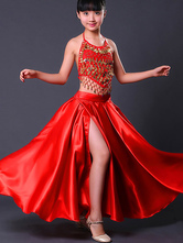 Kids Belly Dance Costumes Red Split Flamenco Dress Paso Doble Costumes Spanish Skirt for Girls Carnival