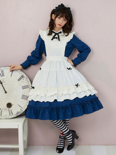 Maiden Style Lolita OP Dress Bow Ruffle Blue Lolita Vestido de una pieza con delantal