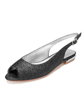 Zapatos de novia Tela-brillante 1.5cm Zapatos de Fiesta negro Plana Zapatos de boda de punter Peep Toe Sandalias de Noche & Sandalias de Novia