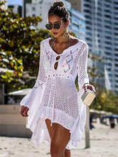 Crochet Cover Up Dress V Neck Long Sleeve Sheer Beach Dress