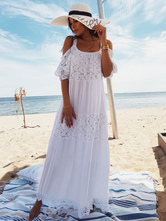 White Boho Dress Women Maxi Dress Lace Half Sleeve Cold Shoulder Beach Dress
